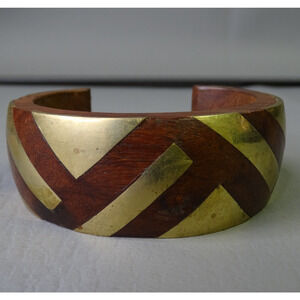 Vintage Hand Carved Wood Brass Inlay Cuff BOHEMIAN BRACELET CUFF Boho Chunky